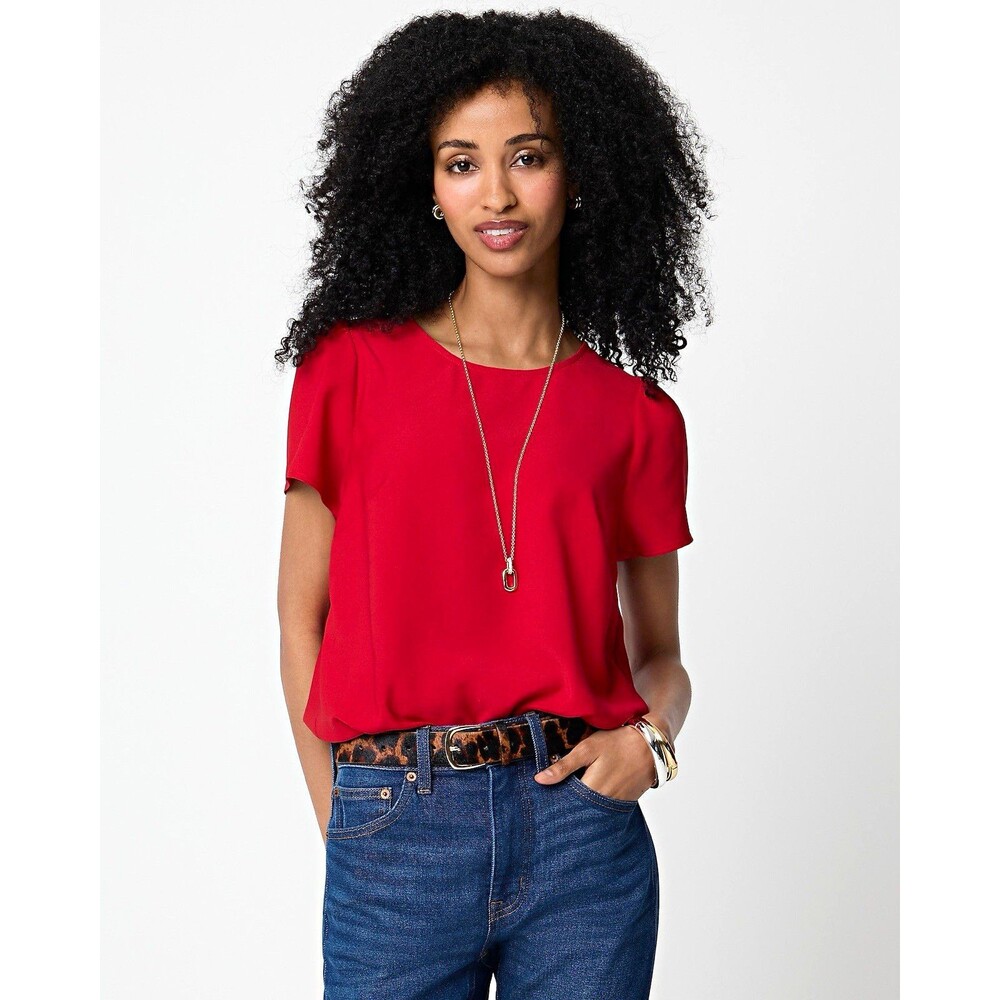 J.CREW Women’s Short Cap sleeve crepe top Red Round Neck Keyhole Blouse size M